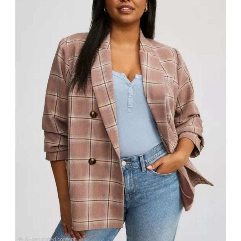 NWT Studio By Torrid 5X Anna Plaid Twill Taupe Relaxed Tailored Twill Blazer